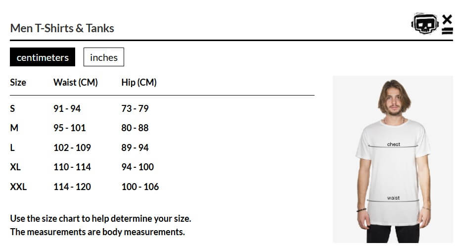 Size chart for men's t-shirts and tanks with a person wearing a white t-shirt.
