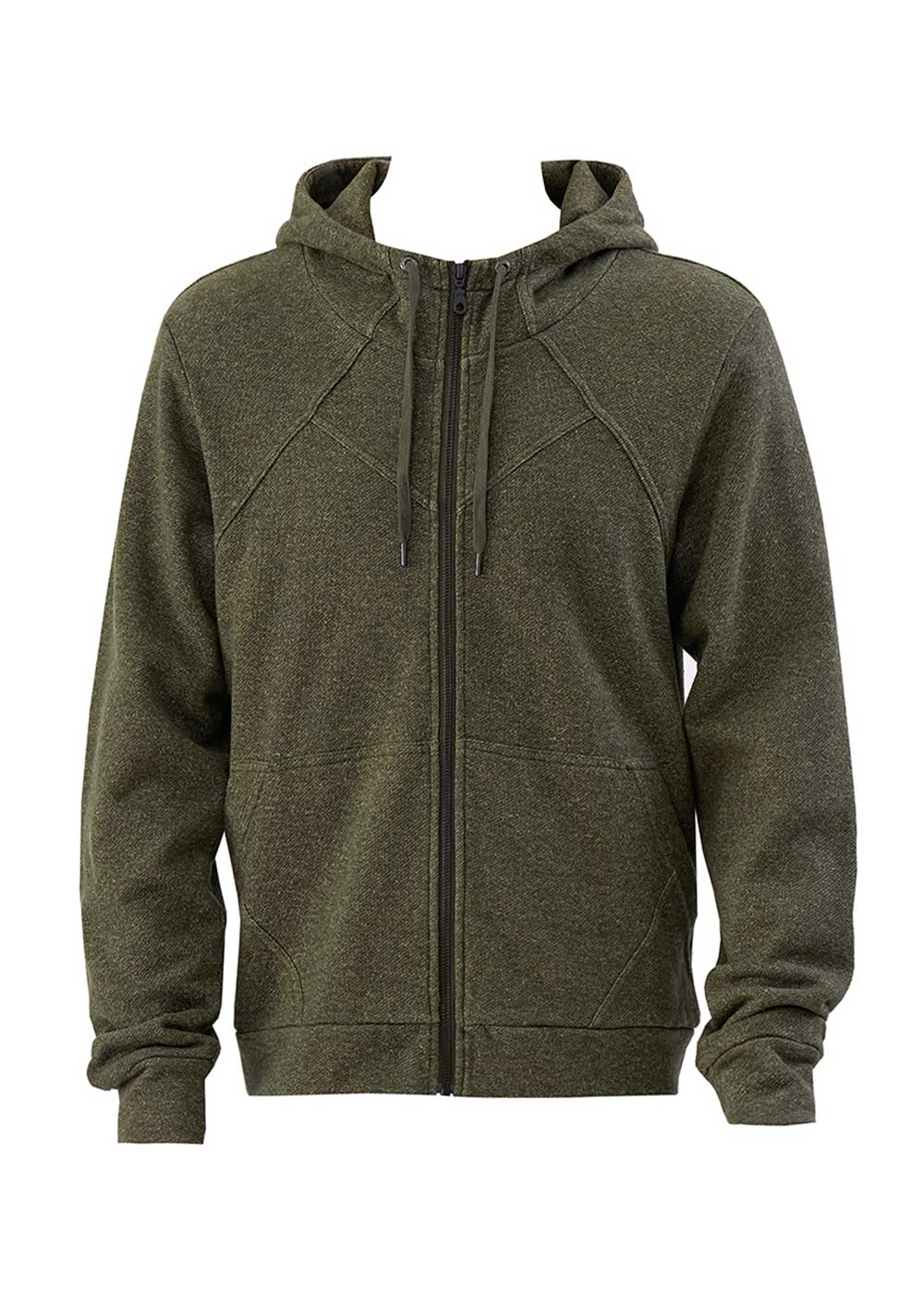 Green hoodie with a zipper on a white background