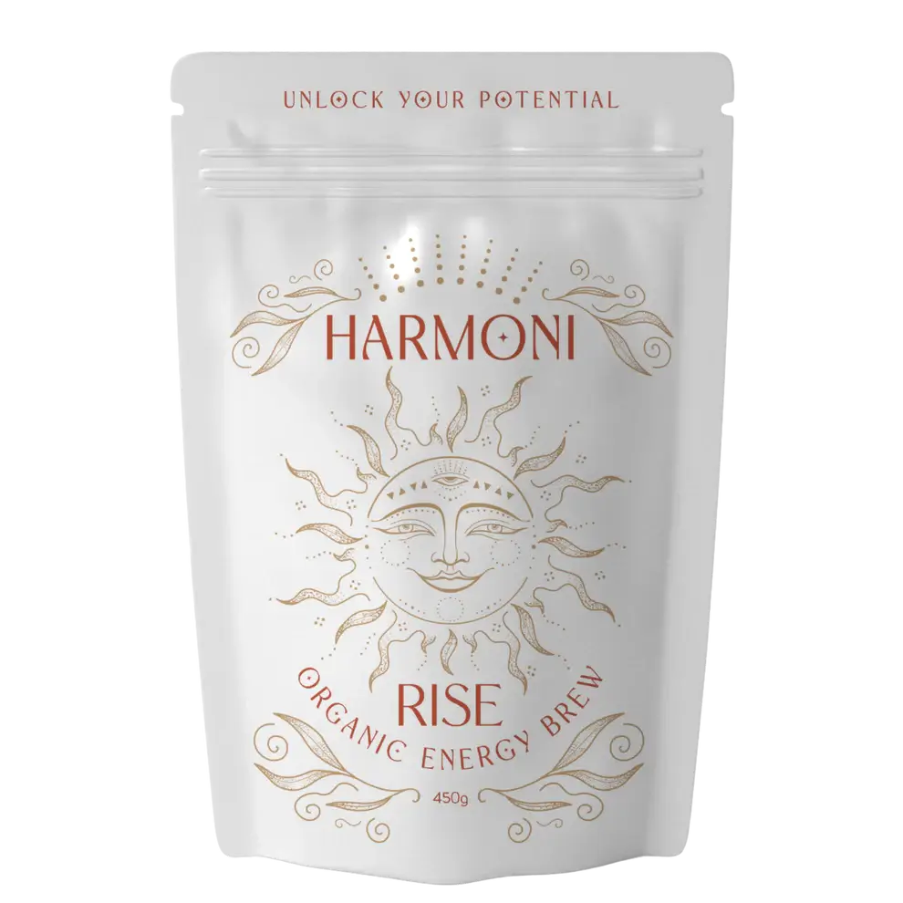 Harmoni Organic Energy Brew package with sun design and text on a white background