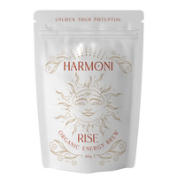 Harmoni Organic Energy Brew package with sun design and text on a white background