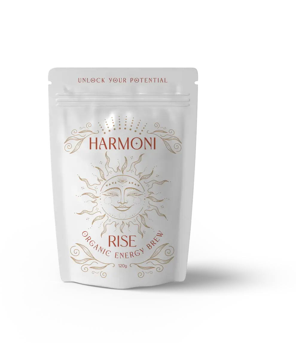 Harmoni Rise organic energy brew package on a white background
