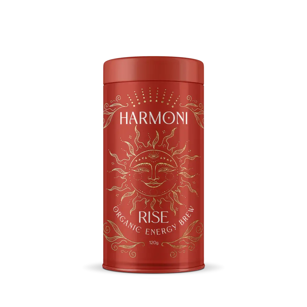 Red cylindrical container with gold design and 'Harmoni' branding on a white background