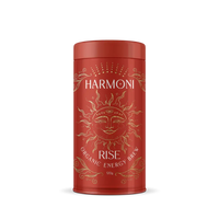Red cylindrical container with gold design and 'Harmoni' branding on a white background