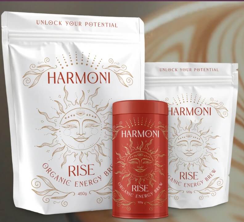 Harmoni Organic Energy Brew packaging with sun design on a blurred background