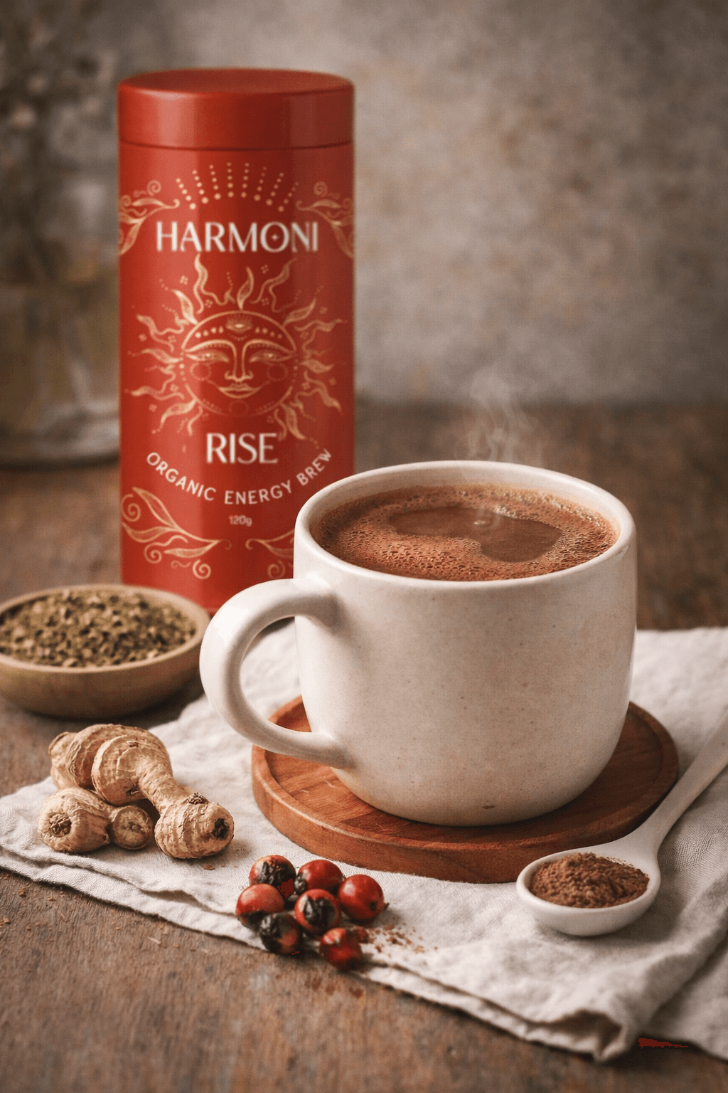 White mug of hot chocolate with a red 'Harmoni' energy brew canister on a wooden surface.