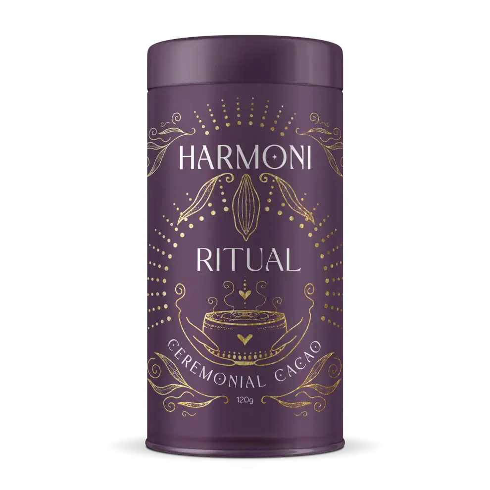 Purple canister with gold text and design on a white background