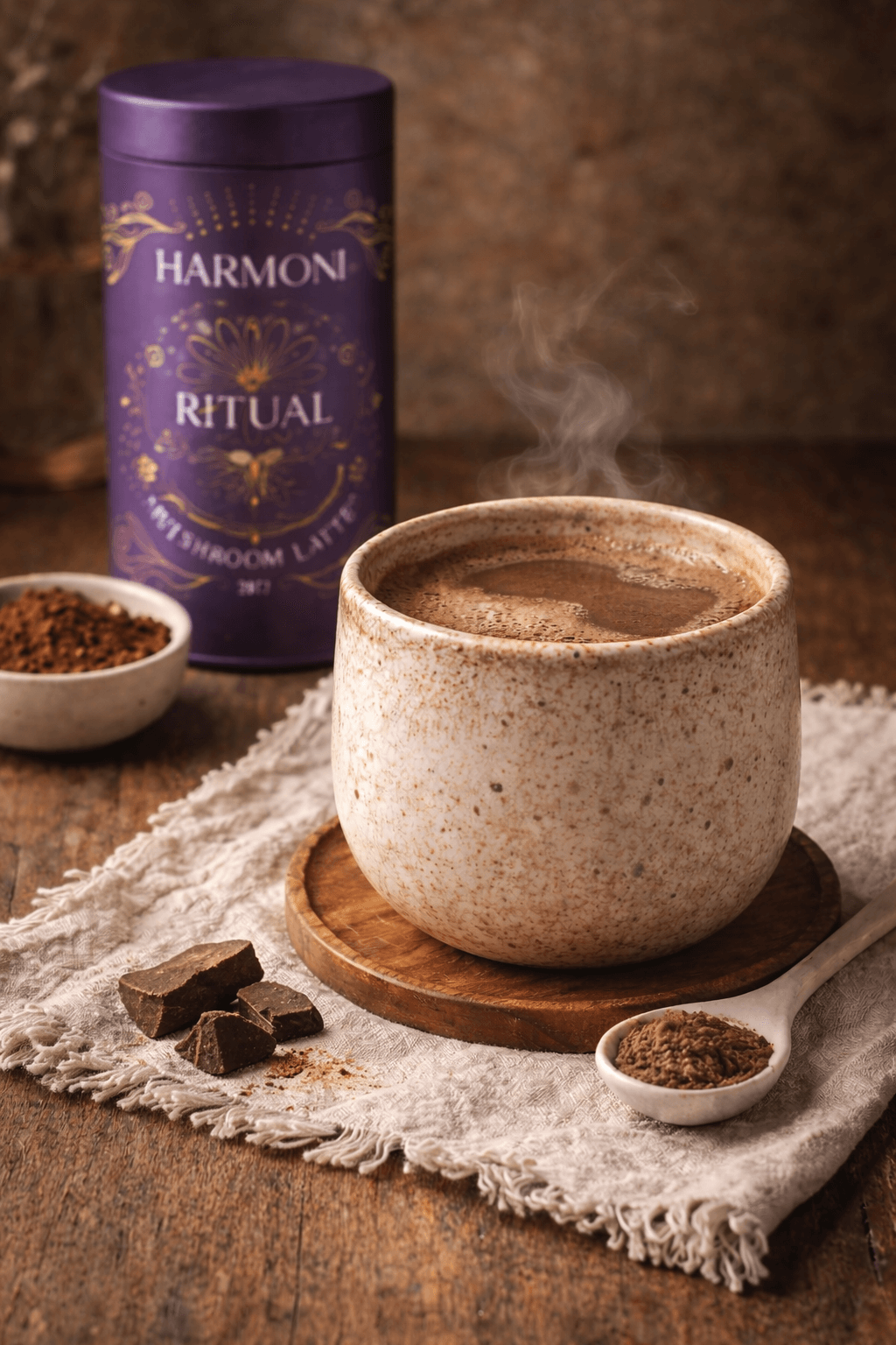 Ceramic mug with steaming beverage, bowl of ground substance, and 'Harmoni Ritual' container on a wooden surface.