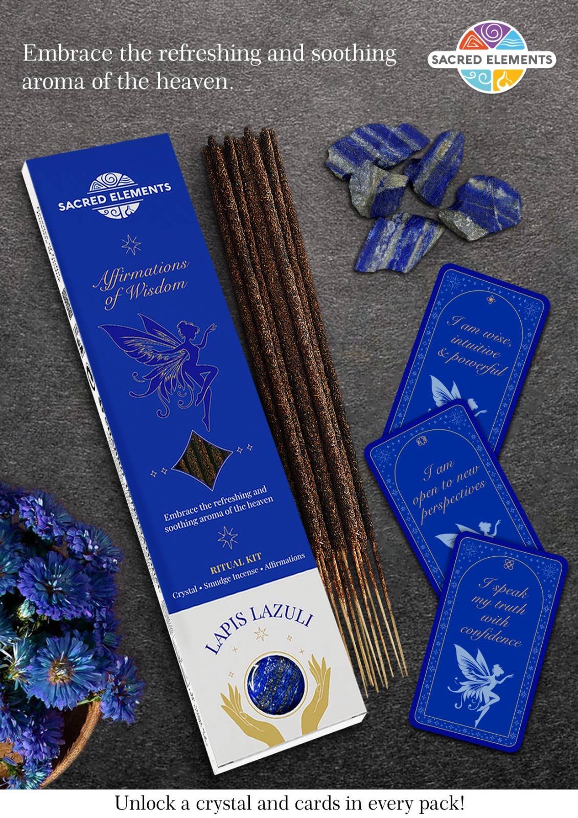 Sacred Elements Aromas of the Heaven incense stick set by Lapis Lazuli, featuring a blue and white box, brown incense sticks, blue oracle cards, and blue crystals on a dark gray textured background.