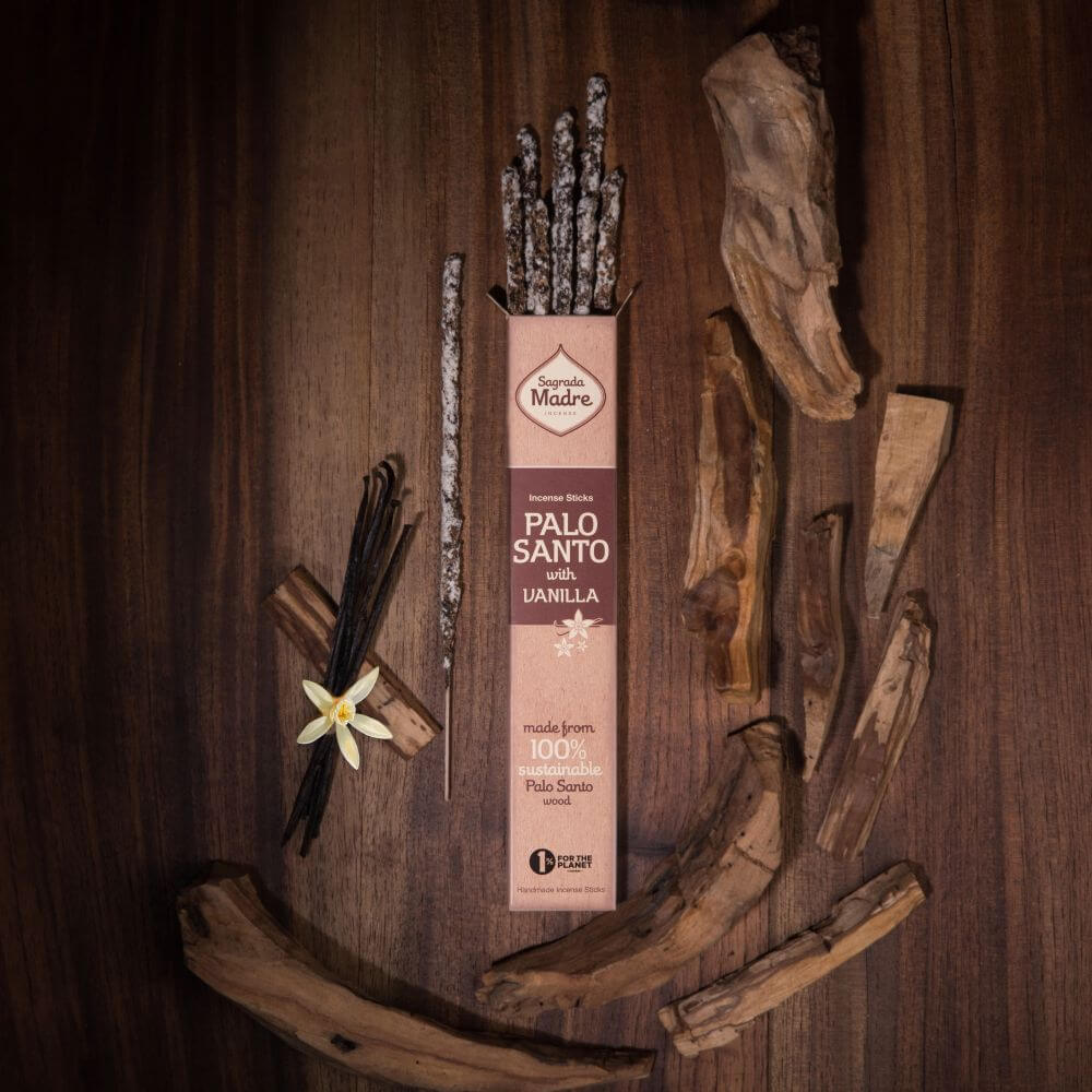 Palo Santo with Vanilla packaging on a wooden background