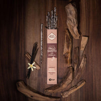 Palo Santo with Vanilla packaging on a wooden background