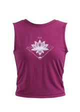 Magenta sleeveless shirt with white lotus flower design on a white background