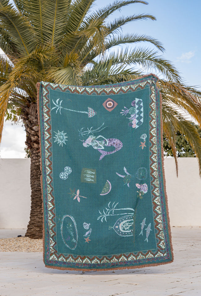Teal Sea Song Mermaid throw blanket with mermaid artwork and patterned border for beds and sofas