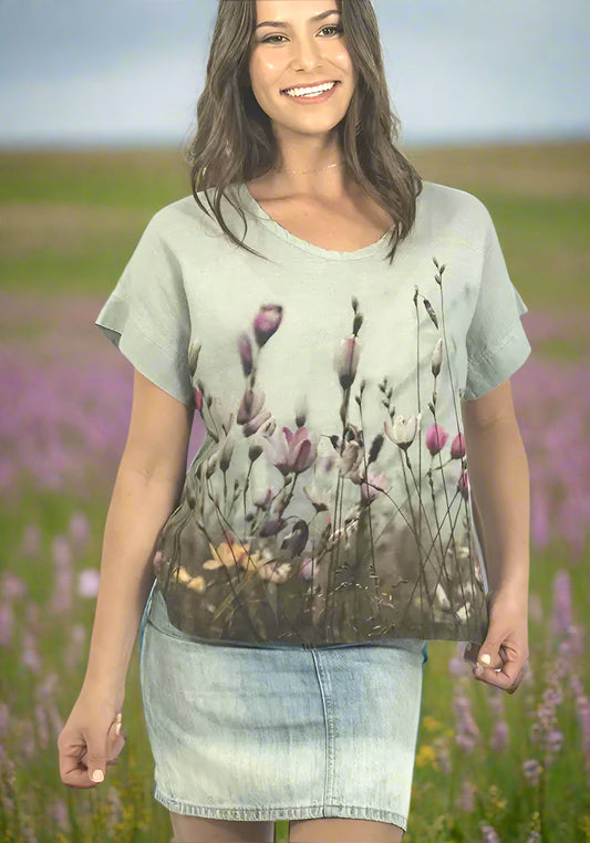 photo print linen tee with seaside flowers