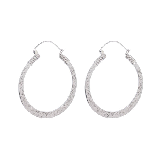 Shivani Hoops - White Brass large patterned hoop earrings on a white background
