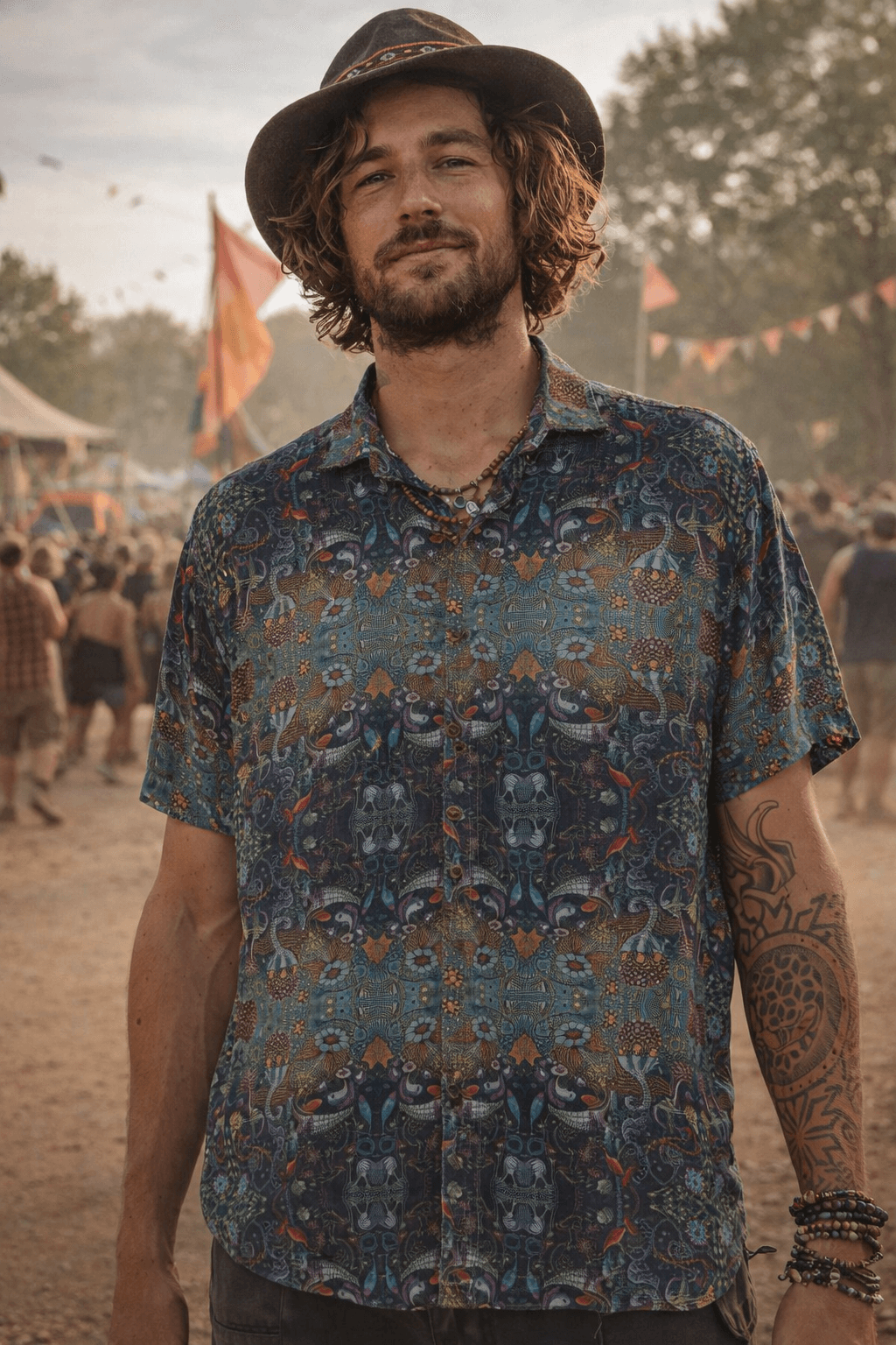 man wearing psycadelic shirt at a festival 
