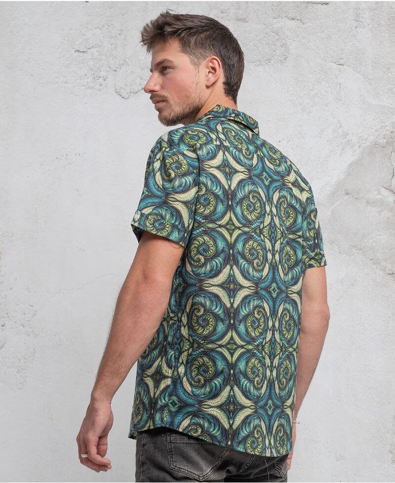 man wearing 100% cotton sprial leaves print button up shirt
