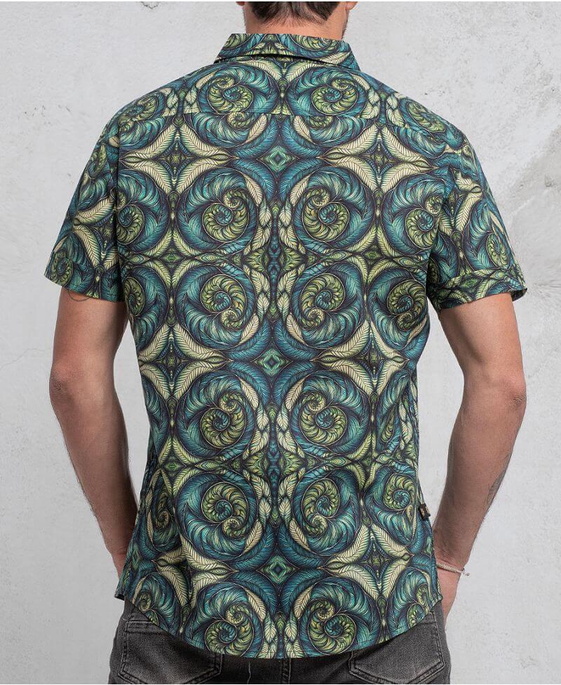 man wearing 100% cotton sprial leaves print button up shirt