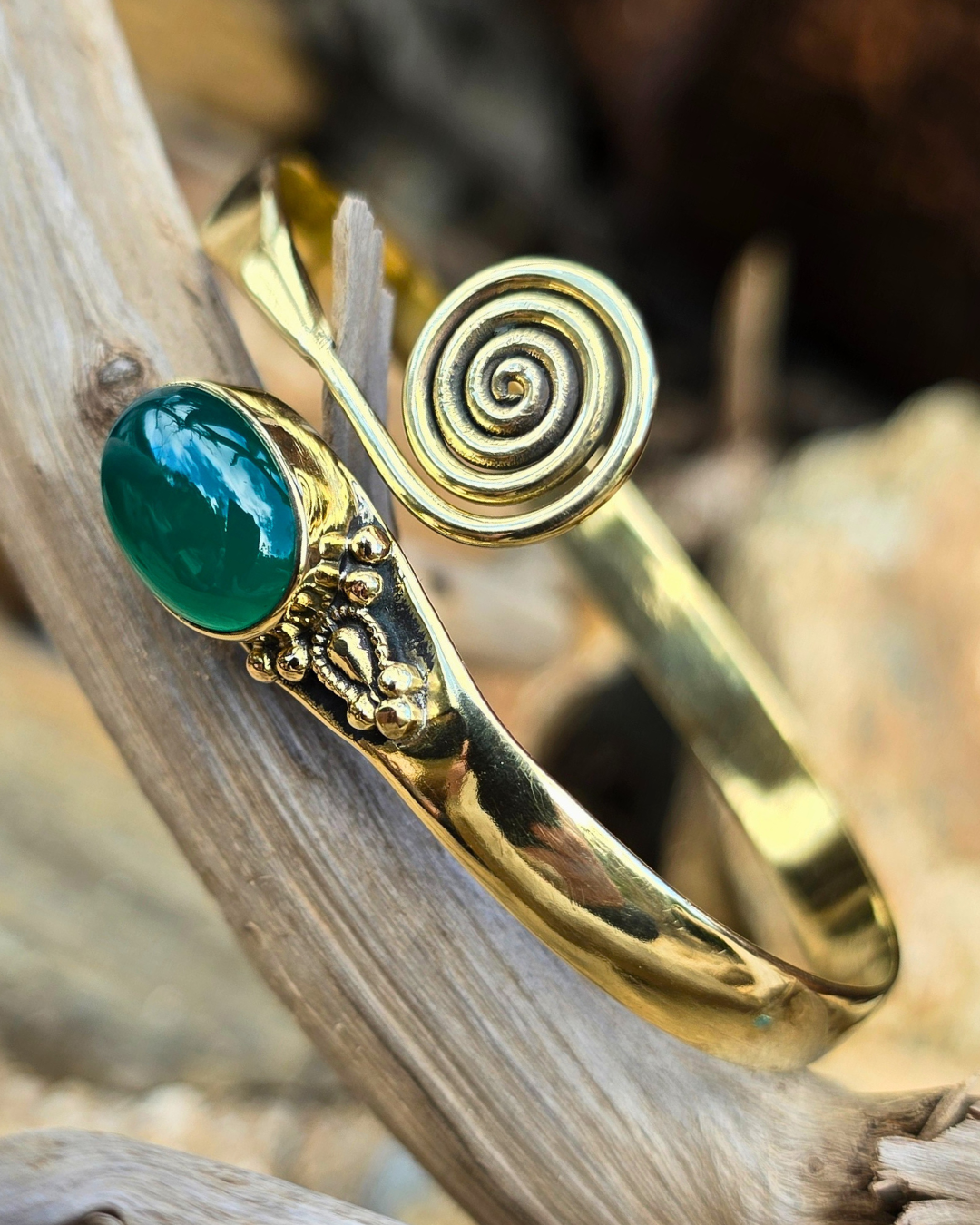 Green Jade Spiral Brass Bangle Jewellery Tantrika Australia