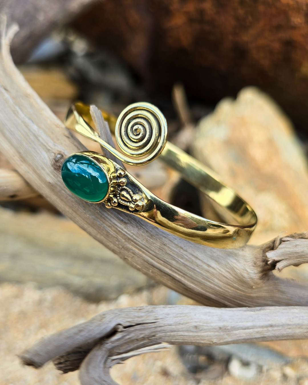 Green Jade Spiral Brass Bangle Jewellery Tantrika Australia