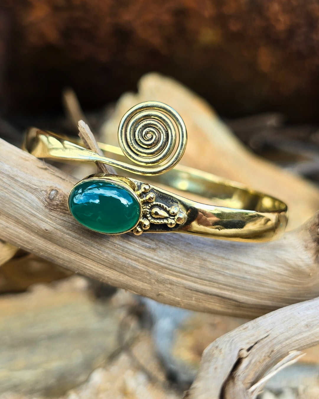 Green Jade Spiral Brass Bangle Jewellery Tantrika Australia