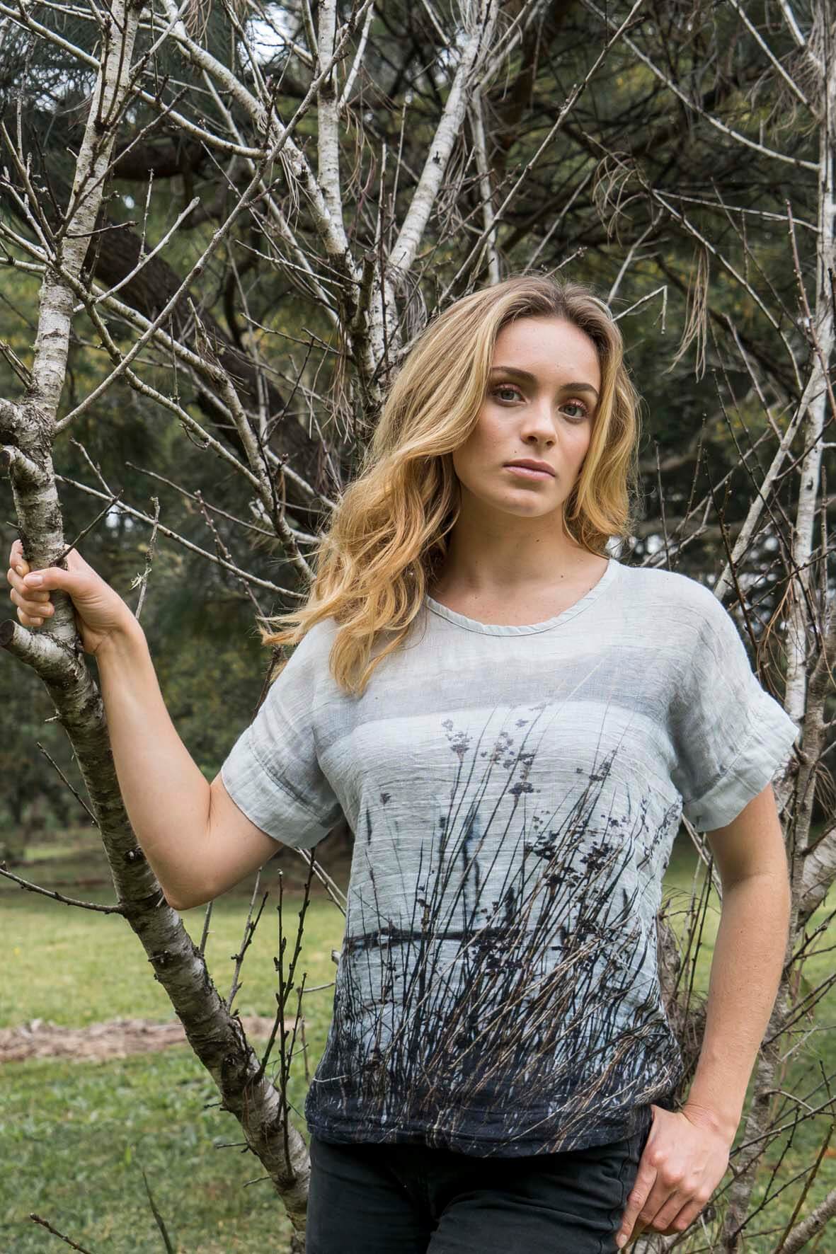 photo print linen tee with strahan shorline image