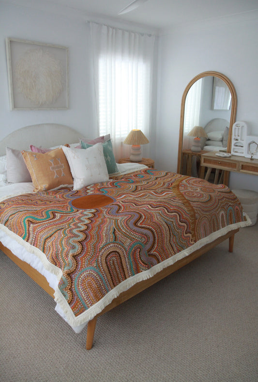 Recycled cotton Indigenous throw blanket with Sun Codes artwork for bed or lounge
