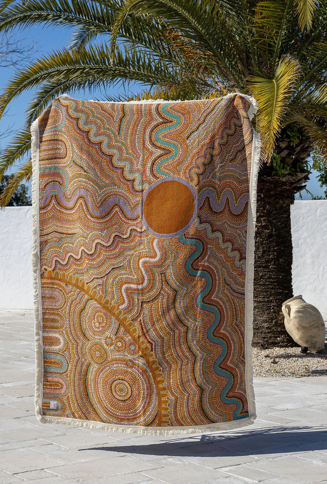 Sun Codes Indigenous art throw rug in recycled cotton with vibrant woven artwork