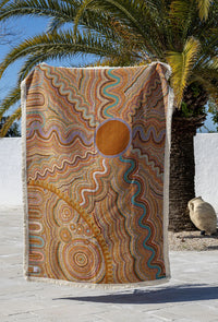 Sun Codes Indigenous art throw rug in recycled cotton with vibrant woven artwork