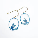 lady wearing blue swollow earrings