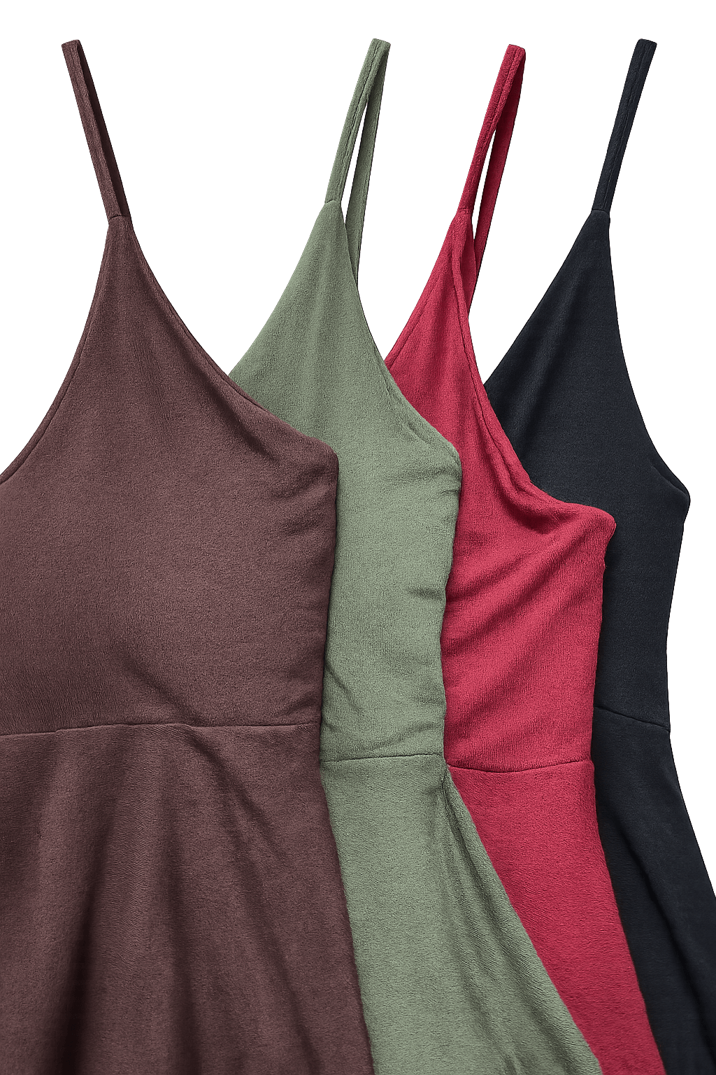 Four dresses in different colors (brown, green, red, black) on a black background