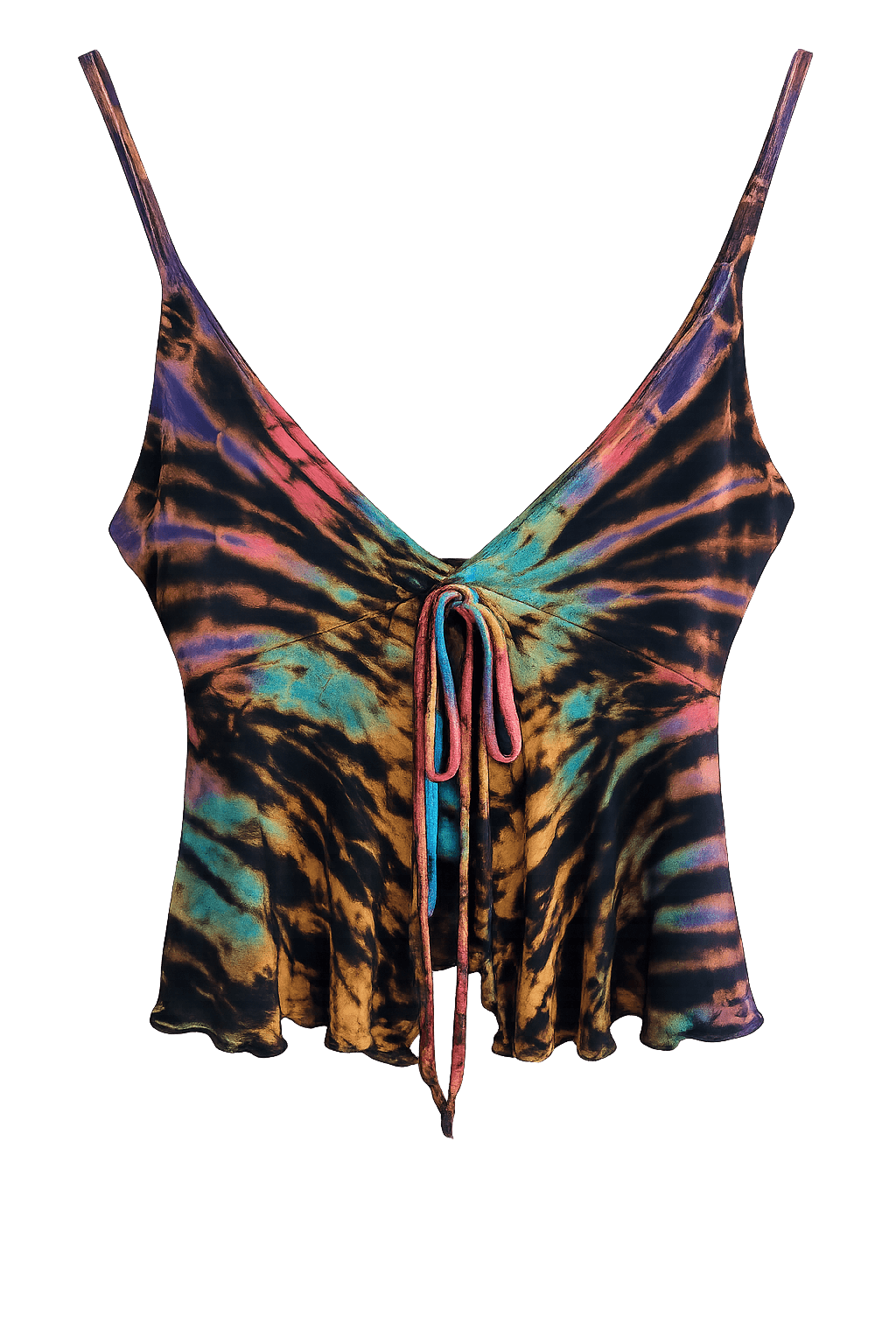 Multicolored tie-dye crop top on a black background