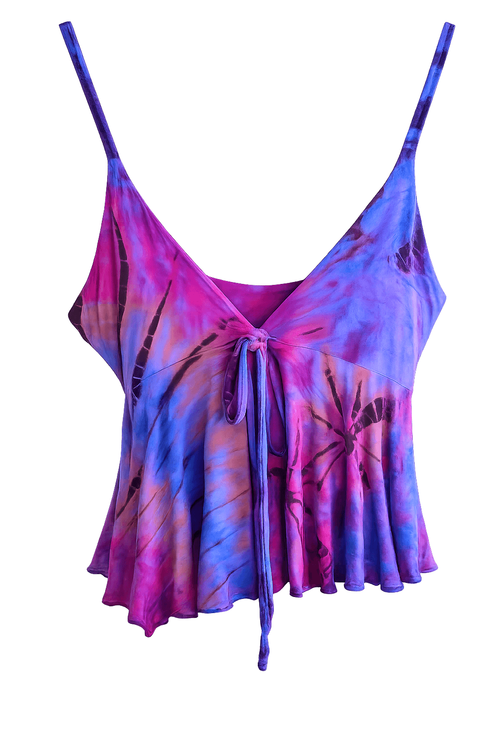 Tie-dye tank top with floral patterns on a black background