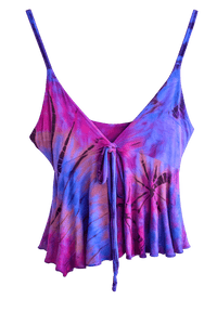 Tie-dye tank top with floral patterns on a black background