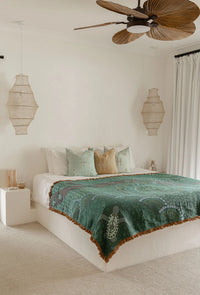 Recycled cotton Indigenous throw blanket featuring The Drift of Our Elders artwork for bed or lounge