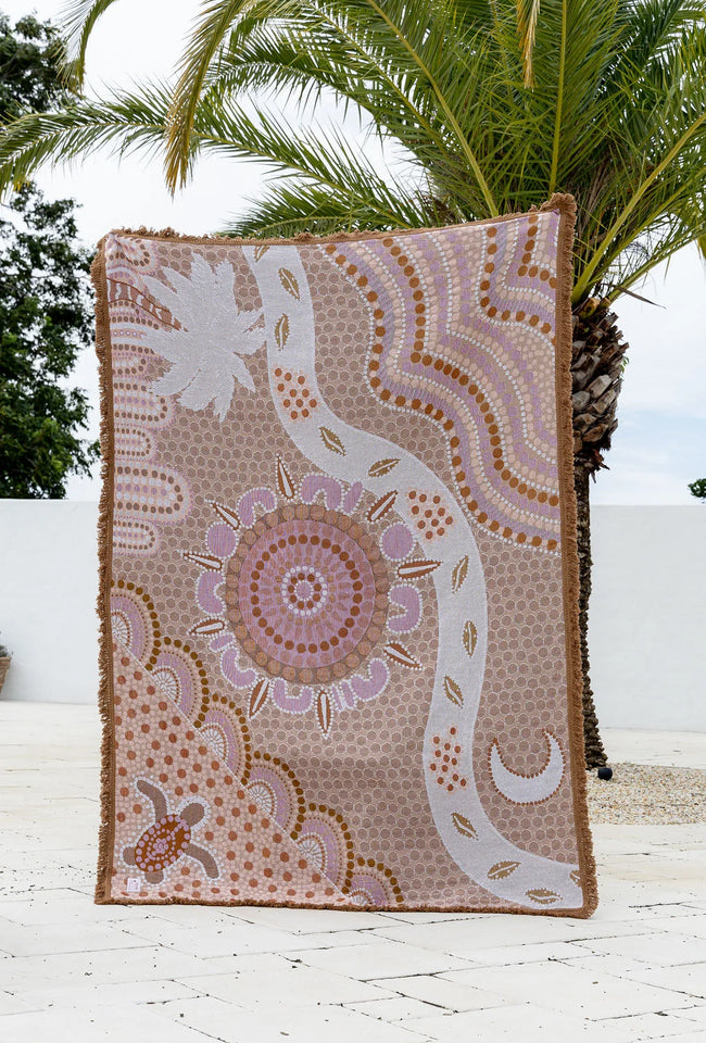 The Drift of Our Elders Indigenous art throw rug in recycled cotton
