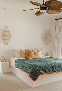 Recycled cotton Indigenous throw blanket featuring Sun & Seven Sisters artwork for bed or lounge