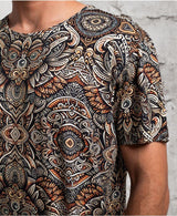 close up pov of Men’s organic cotton T-shirt with psychedelic art, worn by model at music festival