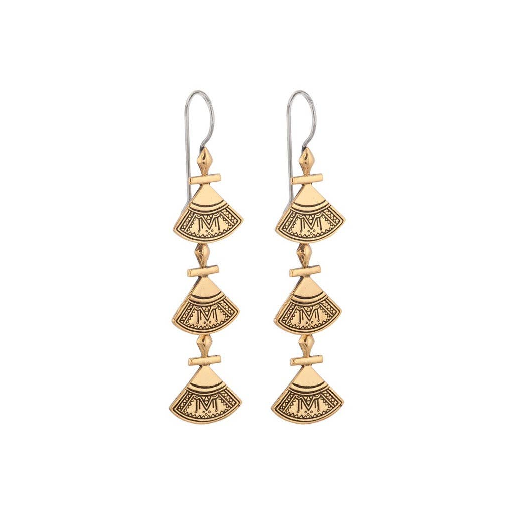 Triya Earrings - Brass worn as long layered statement earrings with patterned brass drops