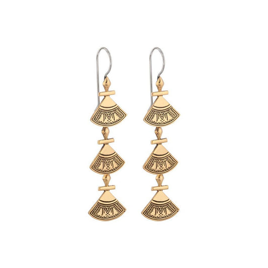 Triya Earrings - Brass worn as long layered statement earrings with patterned brass drops