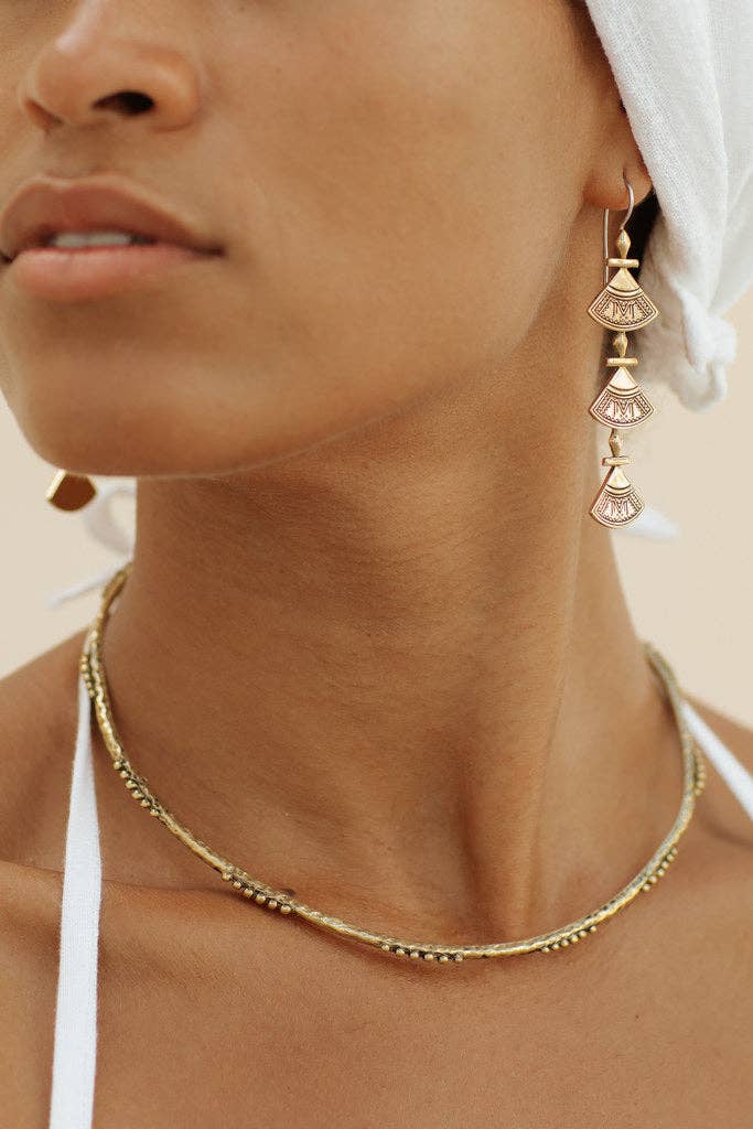 Triya Earrings - Brass pair of long triple-drop earrings with Berber-inspired detailing