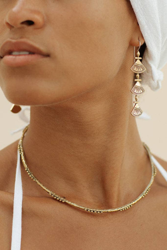 Triya Earrings - Brass pair of long triple-drop earrings with Berber-inspired detailing