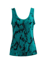 Teal tank top with black abstract pattern on a white background