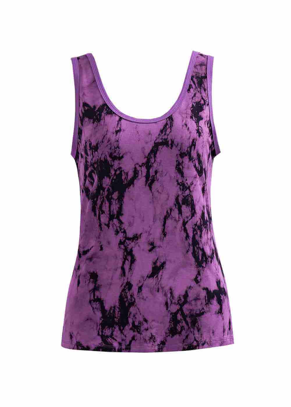 Purple tank top with black abstract pattern on a white background