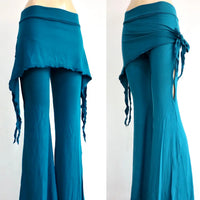 Teal pants with ruched top on a white background
