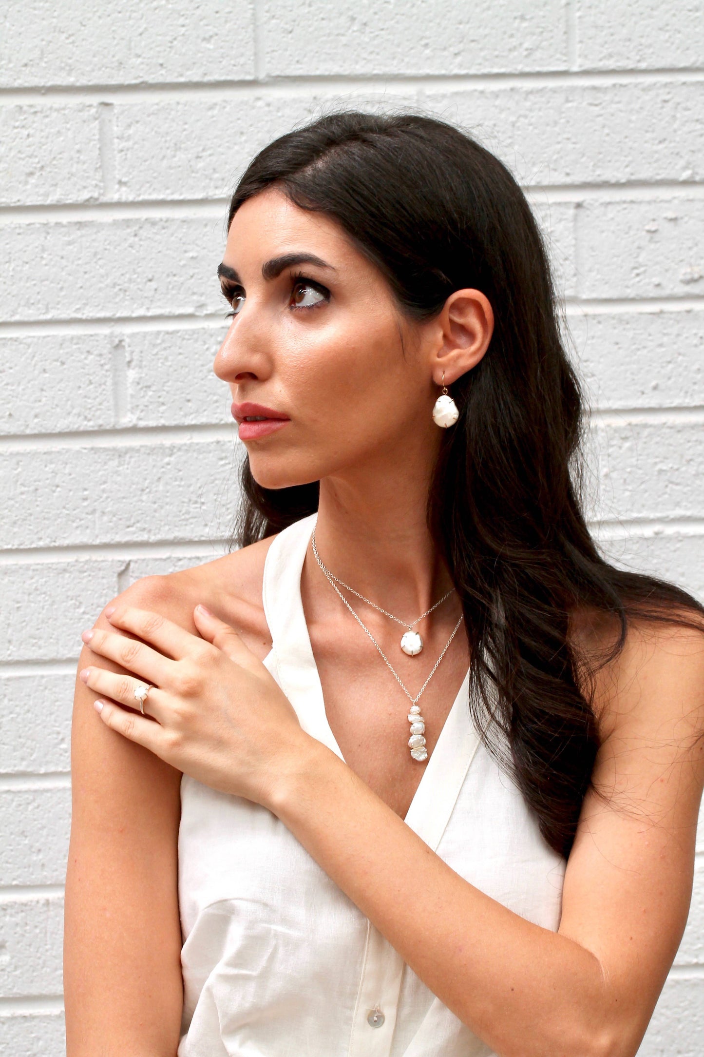 Close-up of White Pearl Cairns Necklace with organically shaped white freshwater pearls