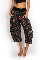 ladies cotton black floral print cotton pant