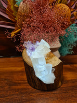 Amethyst and white calcite crystal lamp set in beautiful organic wood made by elemental formations and available at tantrika australia