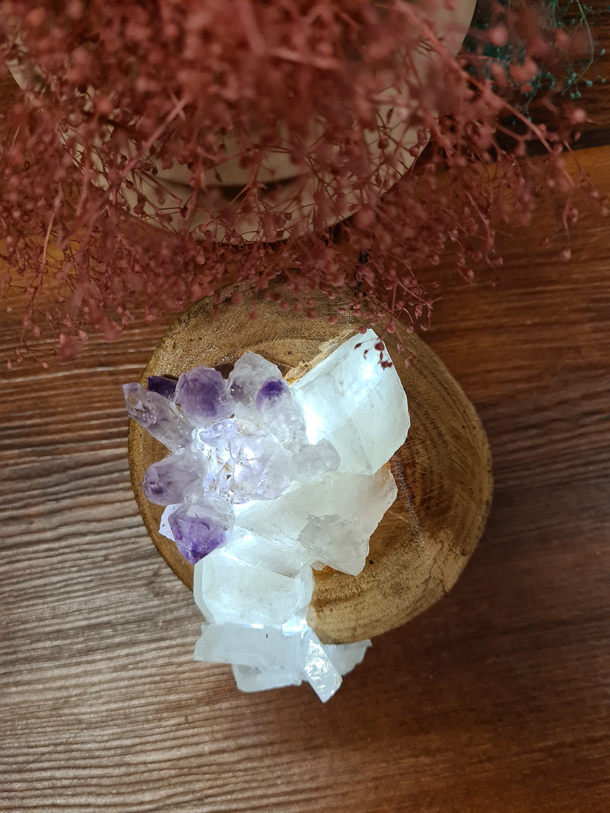 Amethyst and white calcite crystal lamp set in beautiful organic wood made by elemental formations and available at tantrika australia