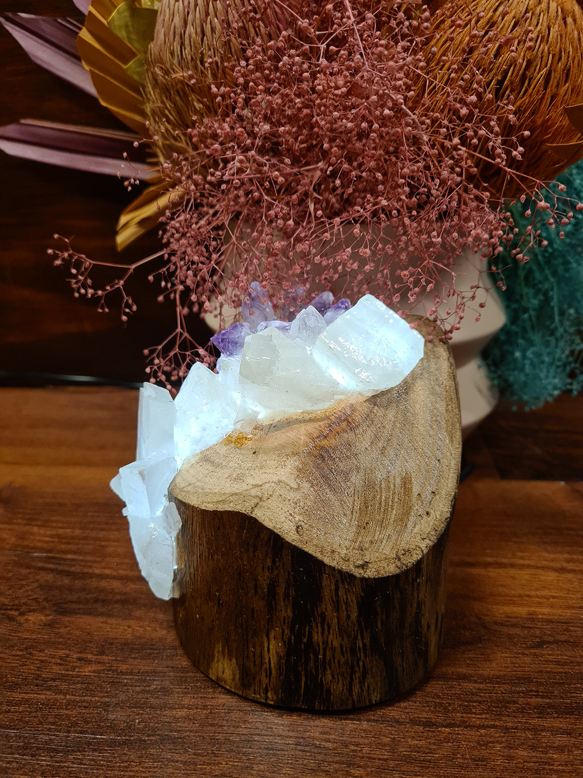 Amethyst and white calcite crystal lamp set in beautiful organic wood made by elemental formations and available at tantrika australia