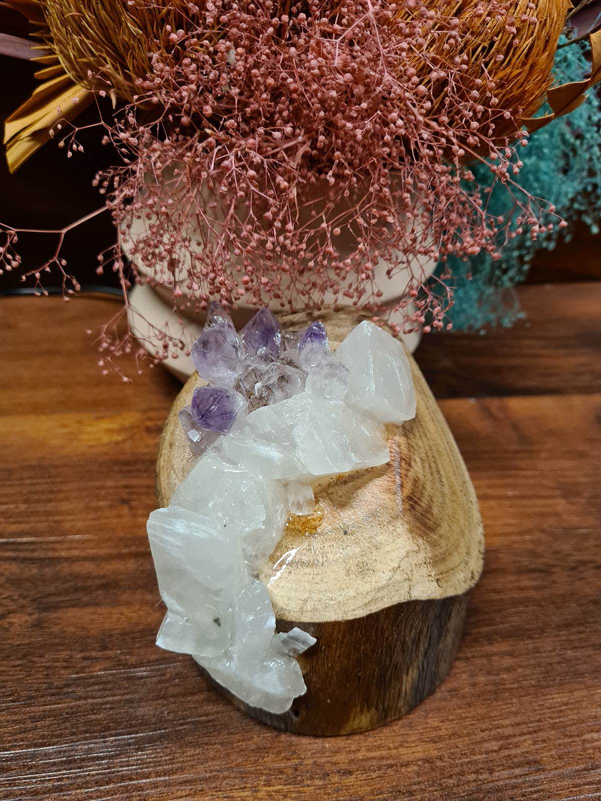 Amethyst and white calcite crystal lamp set in beautiful organic wood made by elemental formations and available at tantrika australia